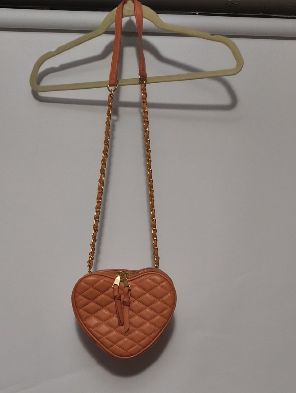 MMS Design Studio Quilted Heart Crossbody in Peach-Orange with Gold Chain